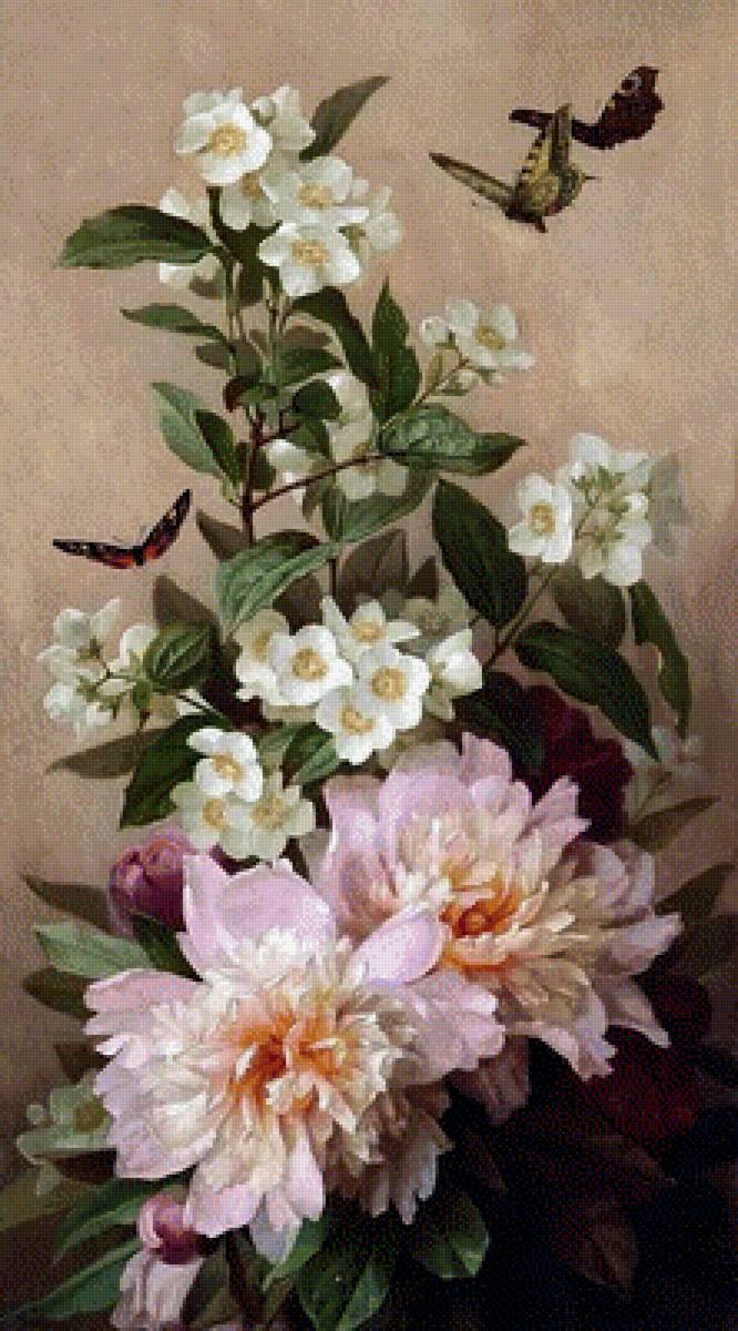 Картина - букет, цветы, бабочки, пионы - предпросмотр