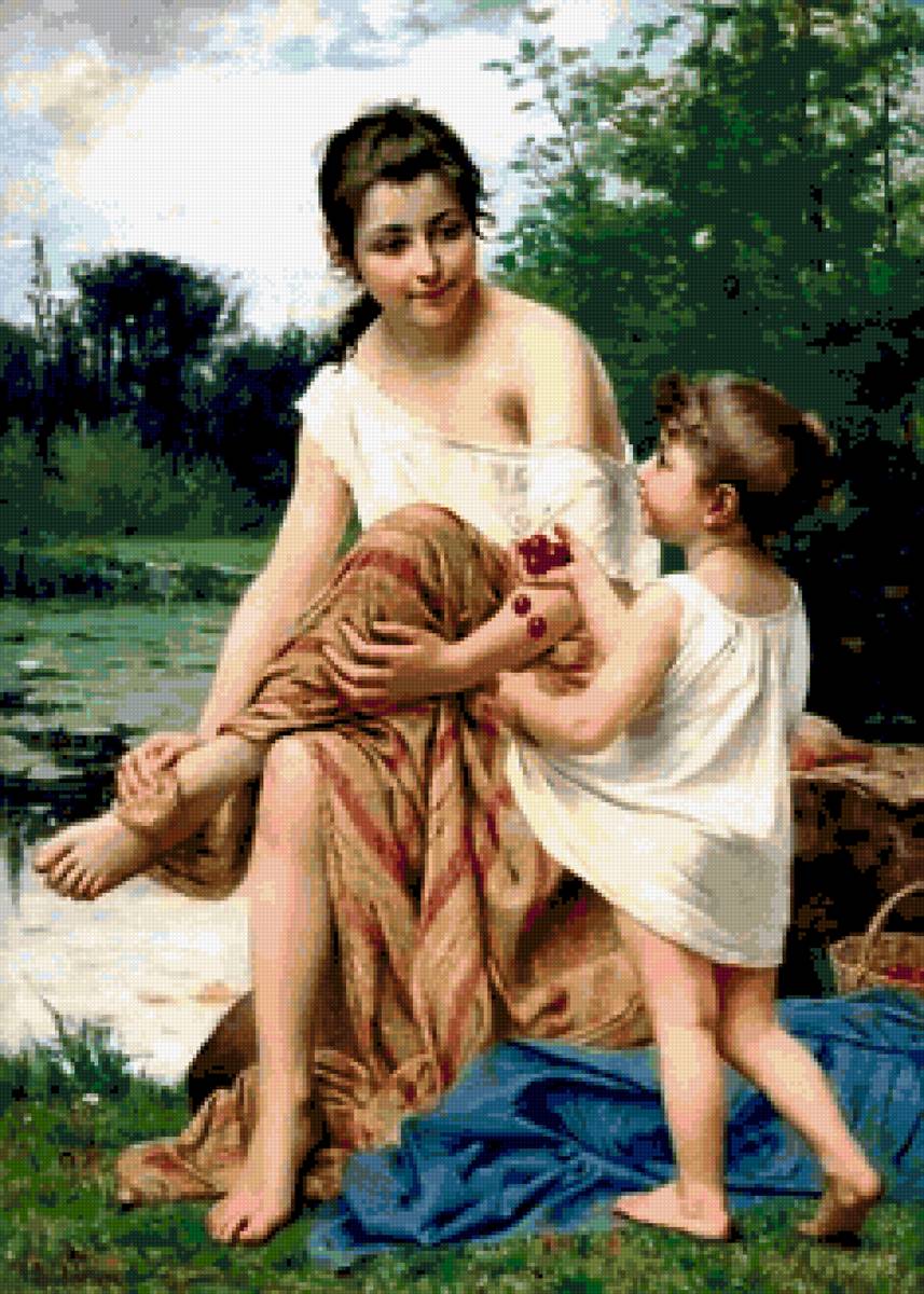 Мать и дочь на берегу озера - предпросмотр