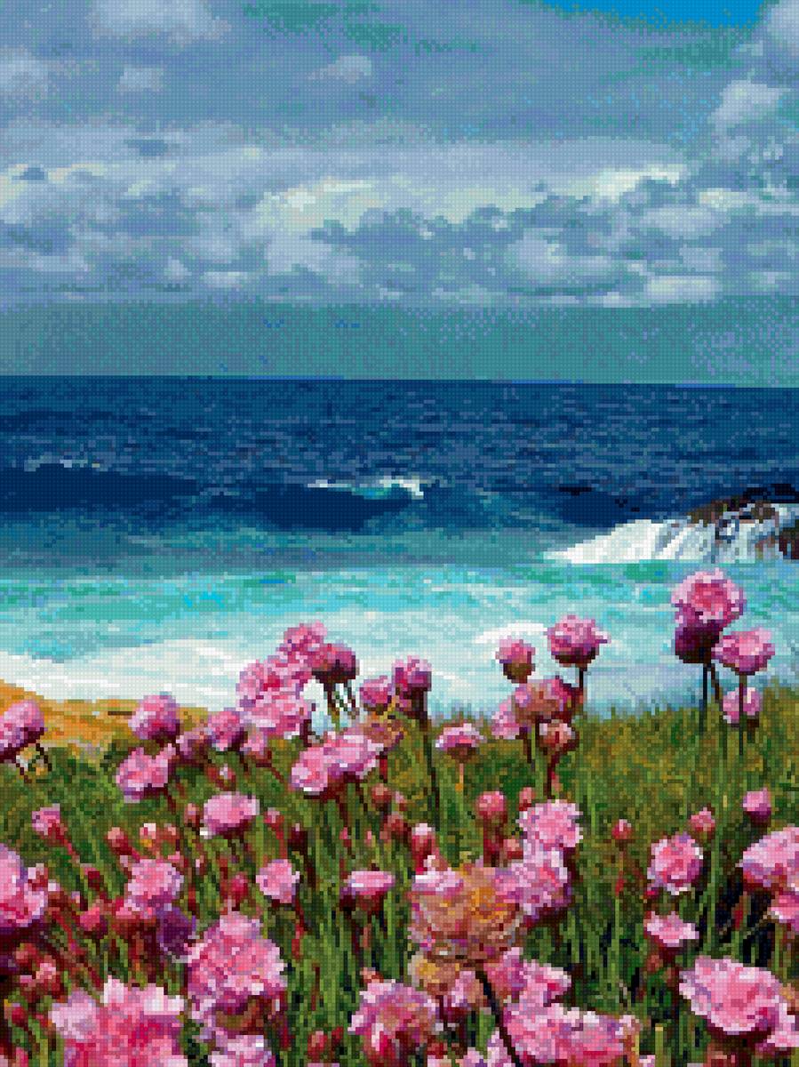 Морской пейзаж - лето, море, природа, цветы, вода - предпросмотр