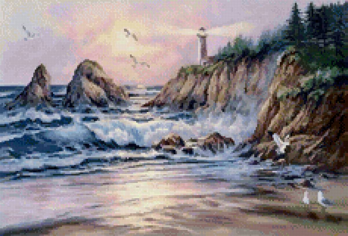 Маяк - маяк, до 240 крестиков, море, чайки, утро - предпросмотр