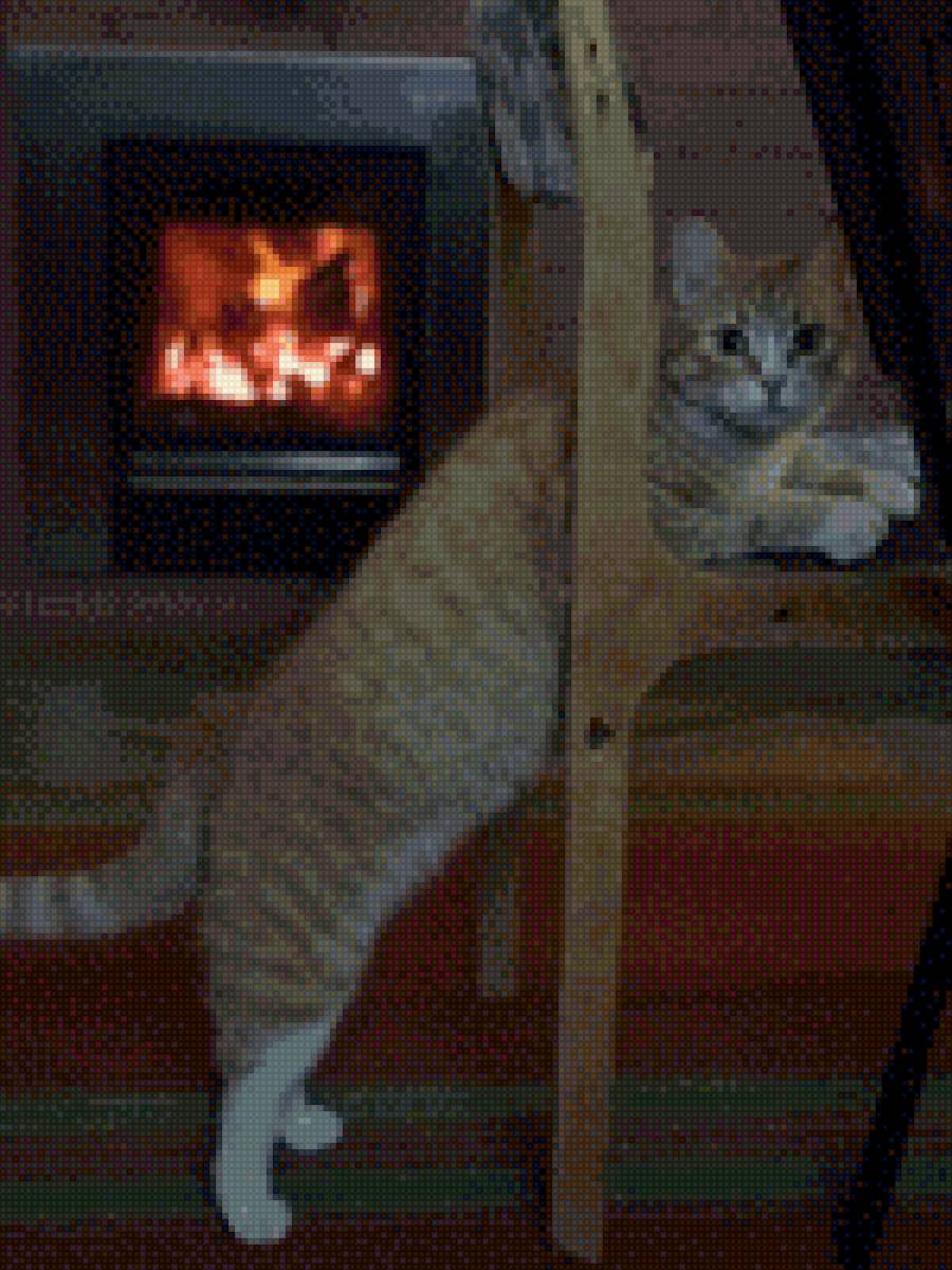 Кошка Ресси - кошка, камин, огонь - предпросмотр