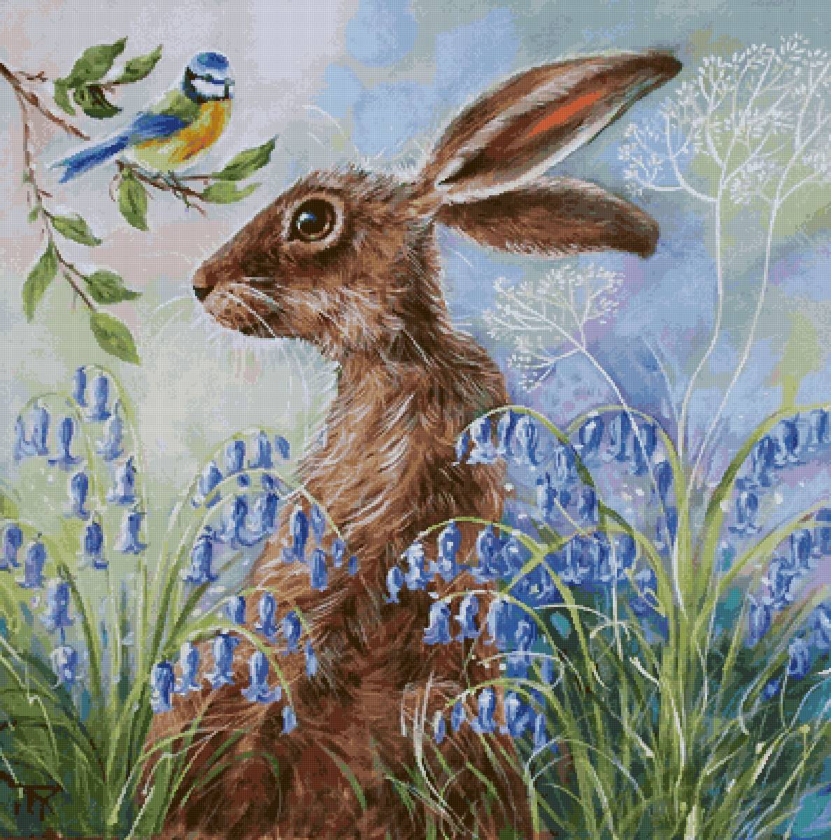 Зайчик в поле - животные, синичка, зайчик, природа - предпросмотр