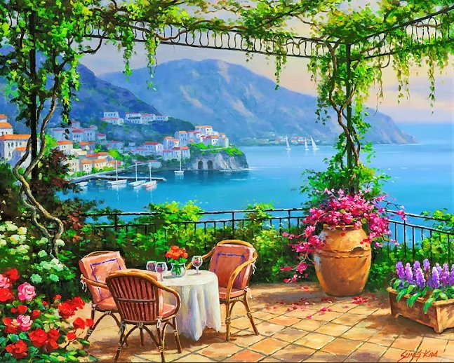 Сунг Ким. Вид на море. - лодки, sung kim, побережье, море - оригинал