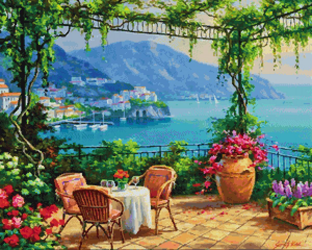 Сунг Ким. Вид на море. - лодки, побережье, sung kim, море - предпросмотр