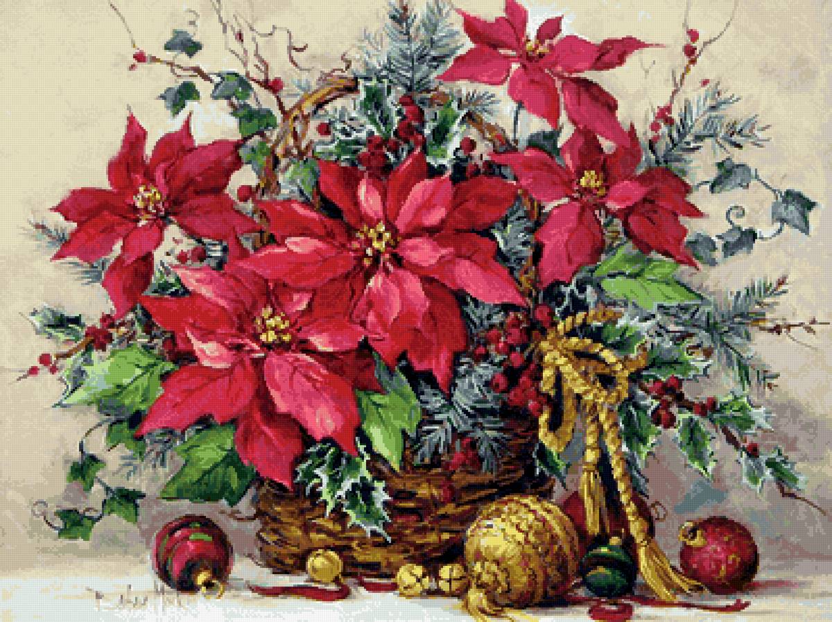 Новогодний букет - праздник, рождество, шары, цветы, новый год - предпросмотр