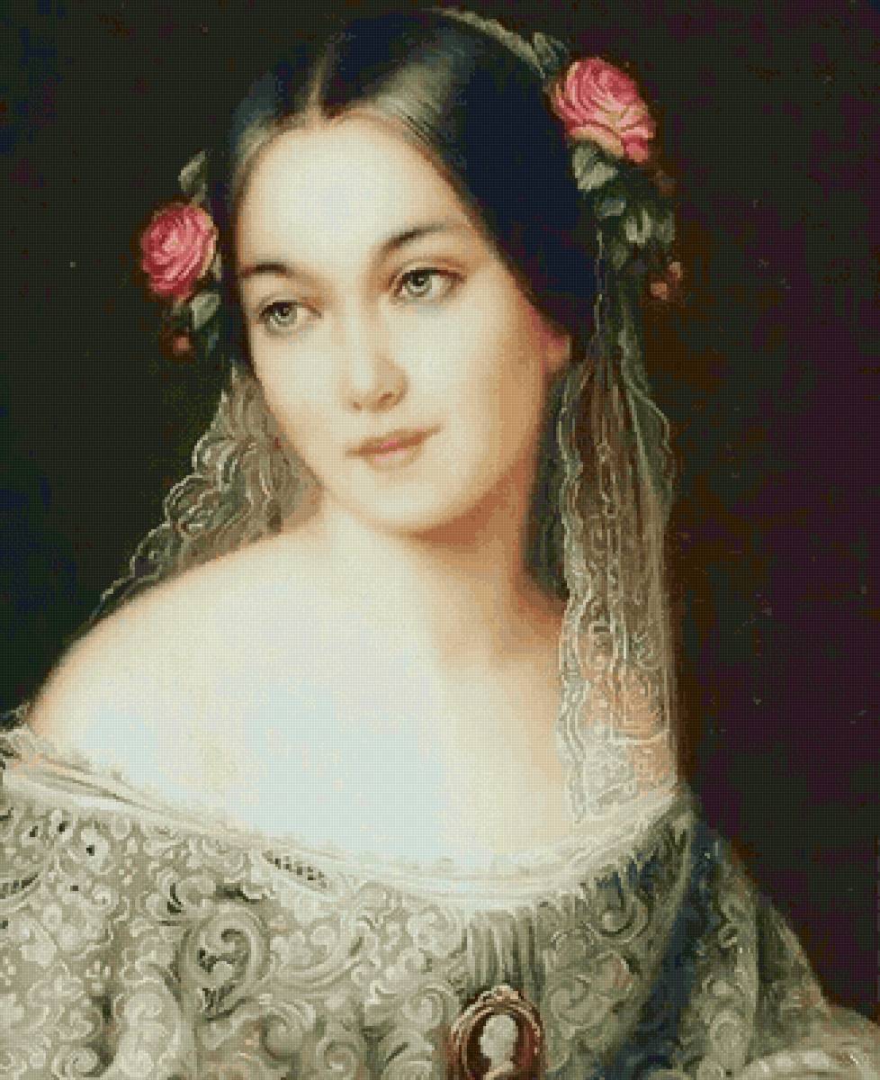 Портрет девушки - розы, девушка, камея, кружева, венок - предпросмотр