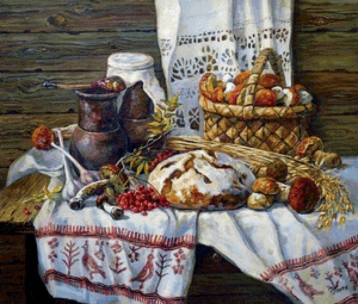 Эдуард Панов. Натюрморт с кувшином. - кувшин, ягоды, грибы, деревня, хлеб, еда, натюрморт - предпросмотр