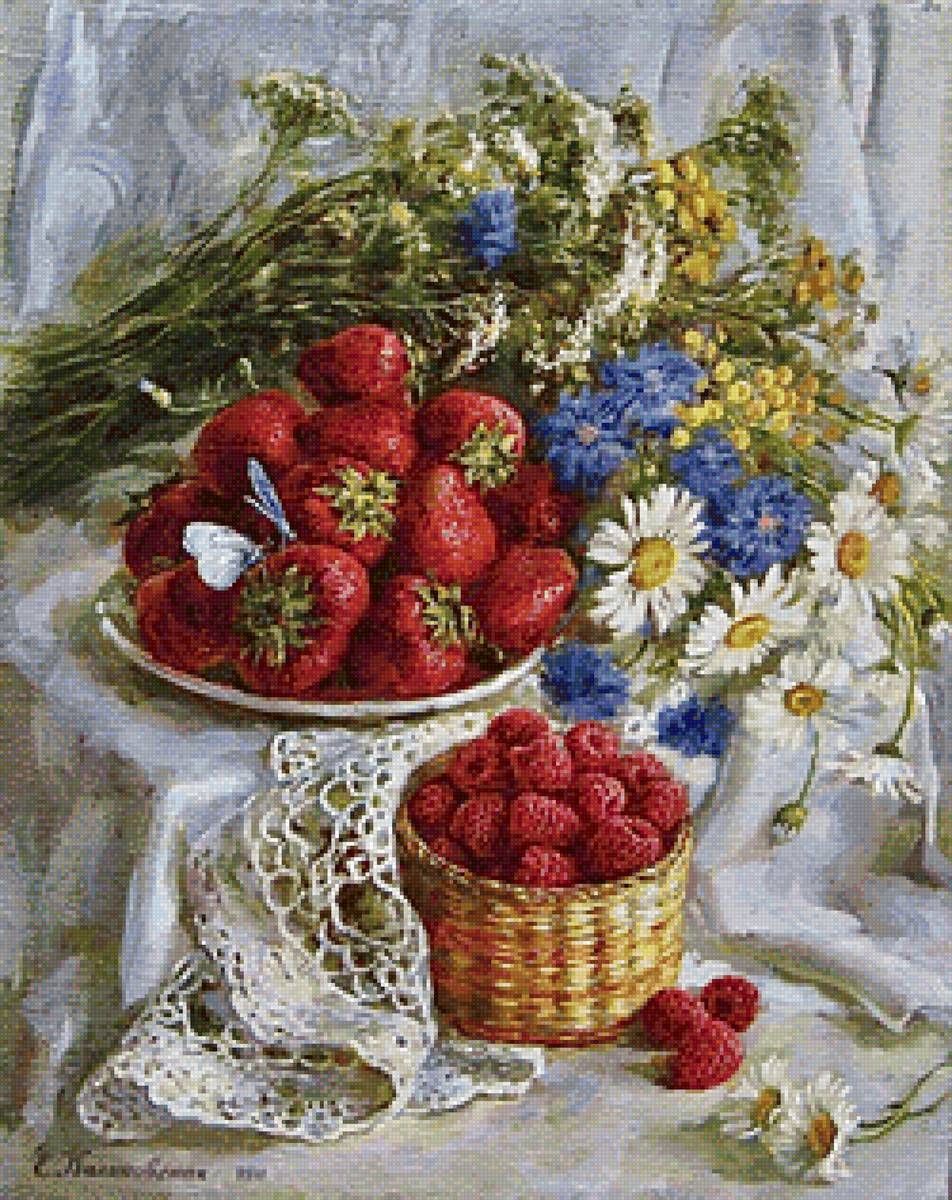 Екатерина Калиновская. Натюрморт с клубникой. - малина, цветы, ягоды, натюрморт, деревня, клубника - предпросмотр