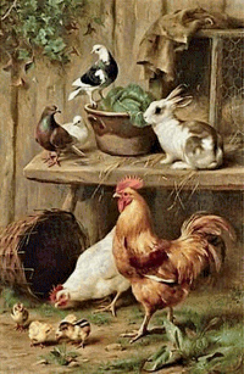 Эдгар Хант. Гармония фермы. - деревня, кролики, голуби, курица, ферма, цыплята, петух - предпросмотр