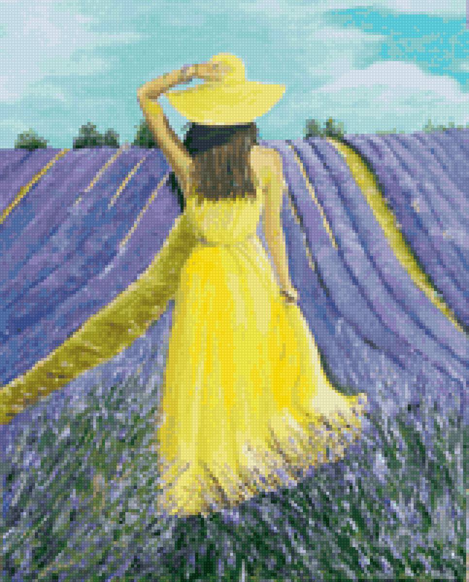 В поле - лаванда, девушка, спиной, лето - предпросмотр