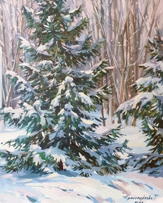 Елочки - зима, дерево, живопись, пейзаж, ель - оригинал