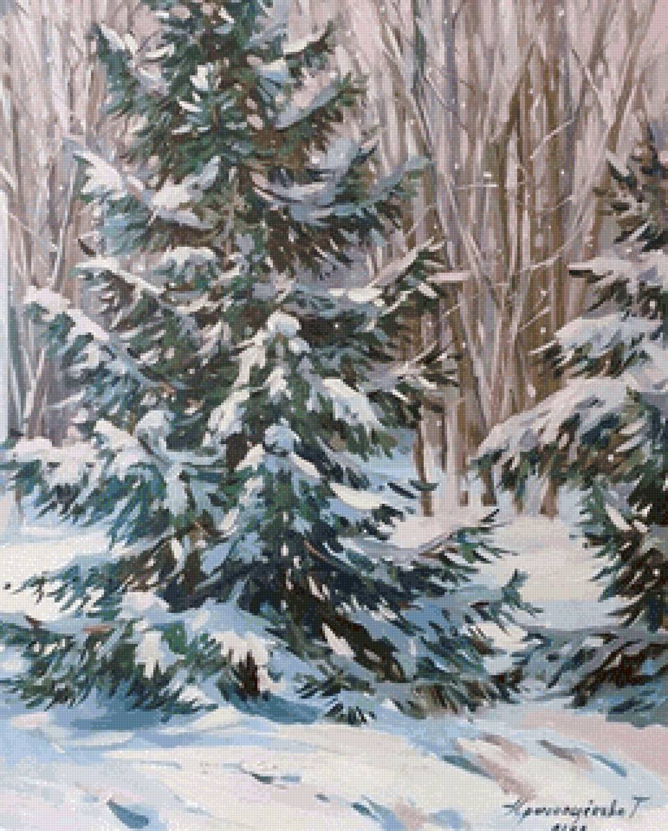 Елочки - пейзаж, ель, дерево, зима, живопись - предпросмотр