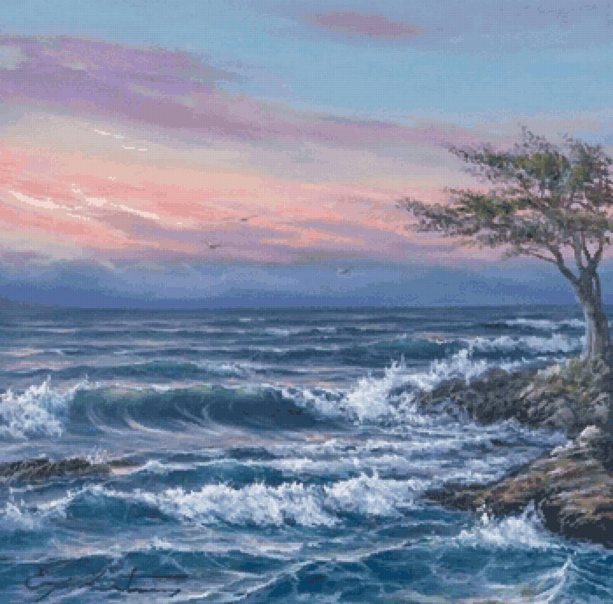 Розовый закат - волны, закат, море - предпросмотр