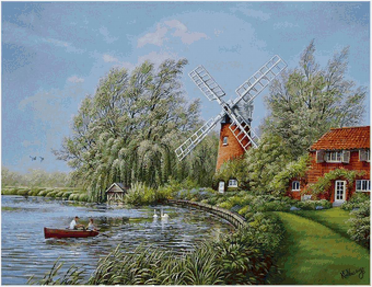 Идиллия - мельница, лето, озеро, дом - предпросмотр