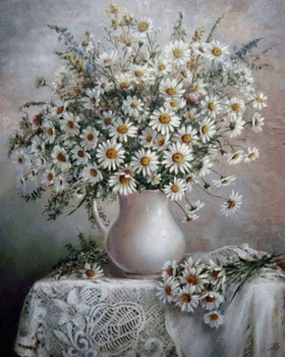 Полевые ромашки - цветы, ромашки, букет, живопись - предпросмотр
