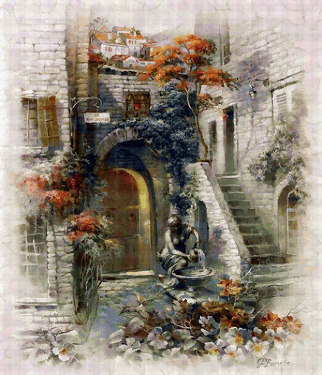 Уютный дворик - фонтан, двор, лестница - предпросмотр