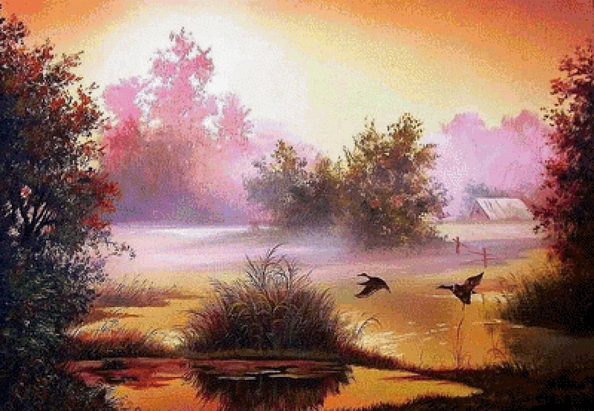 Сергей Ковальчук_5 - утро, сергей ковальчук, пейзаж, цапли, картина, река, восход - предпросмотр