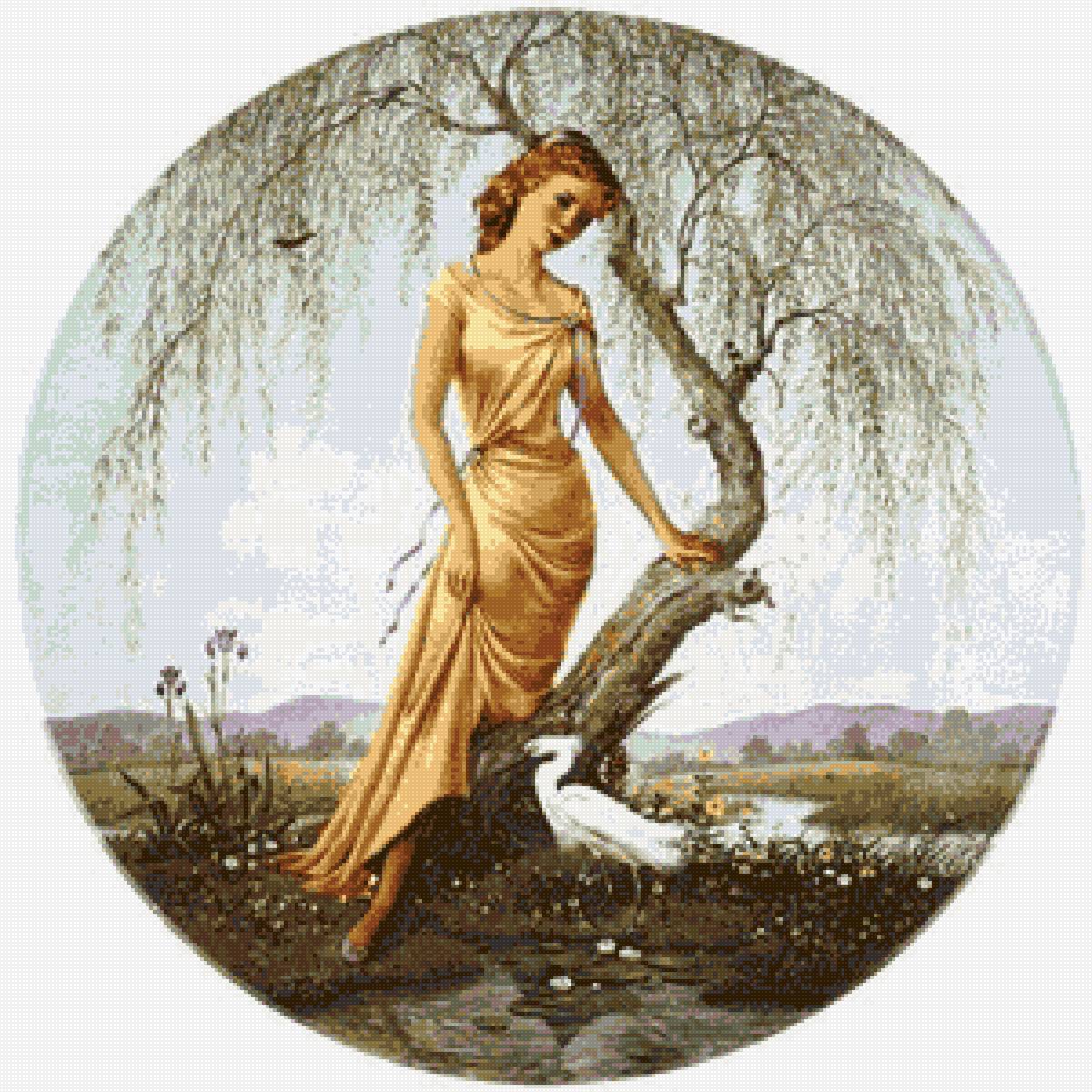 Лето - птица, дерево, девушка, цапля, ива - предпросмотр