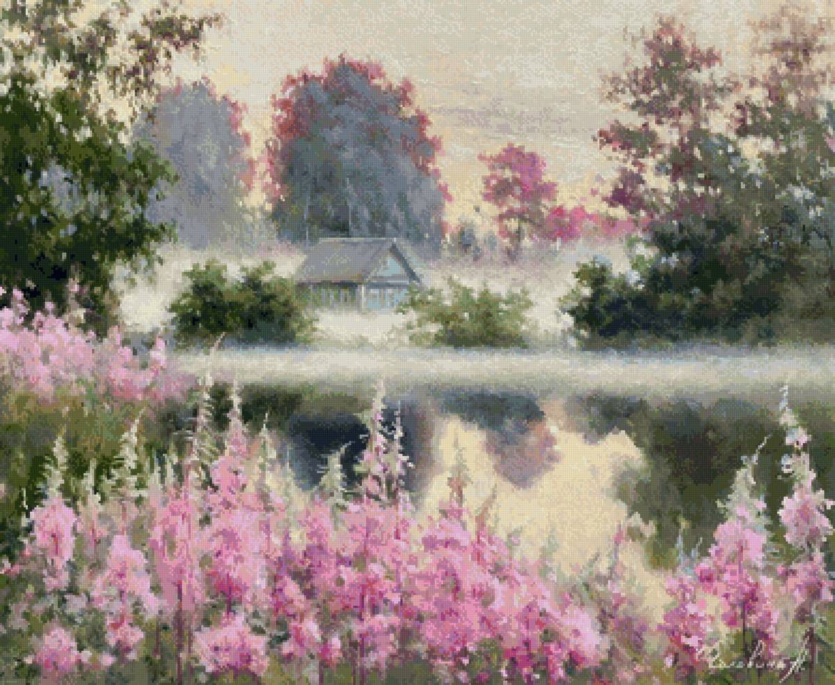 Июльский туман - картина, туман, пруд, цветы, утро - предпросмотр