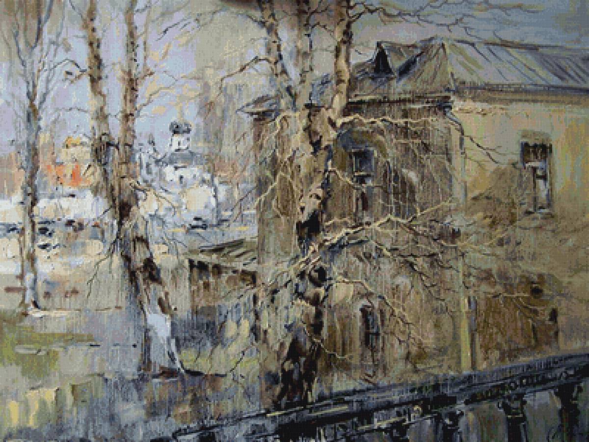 город - дом, акварель, весна, дерево - предпросмотр