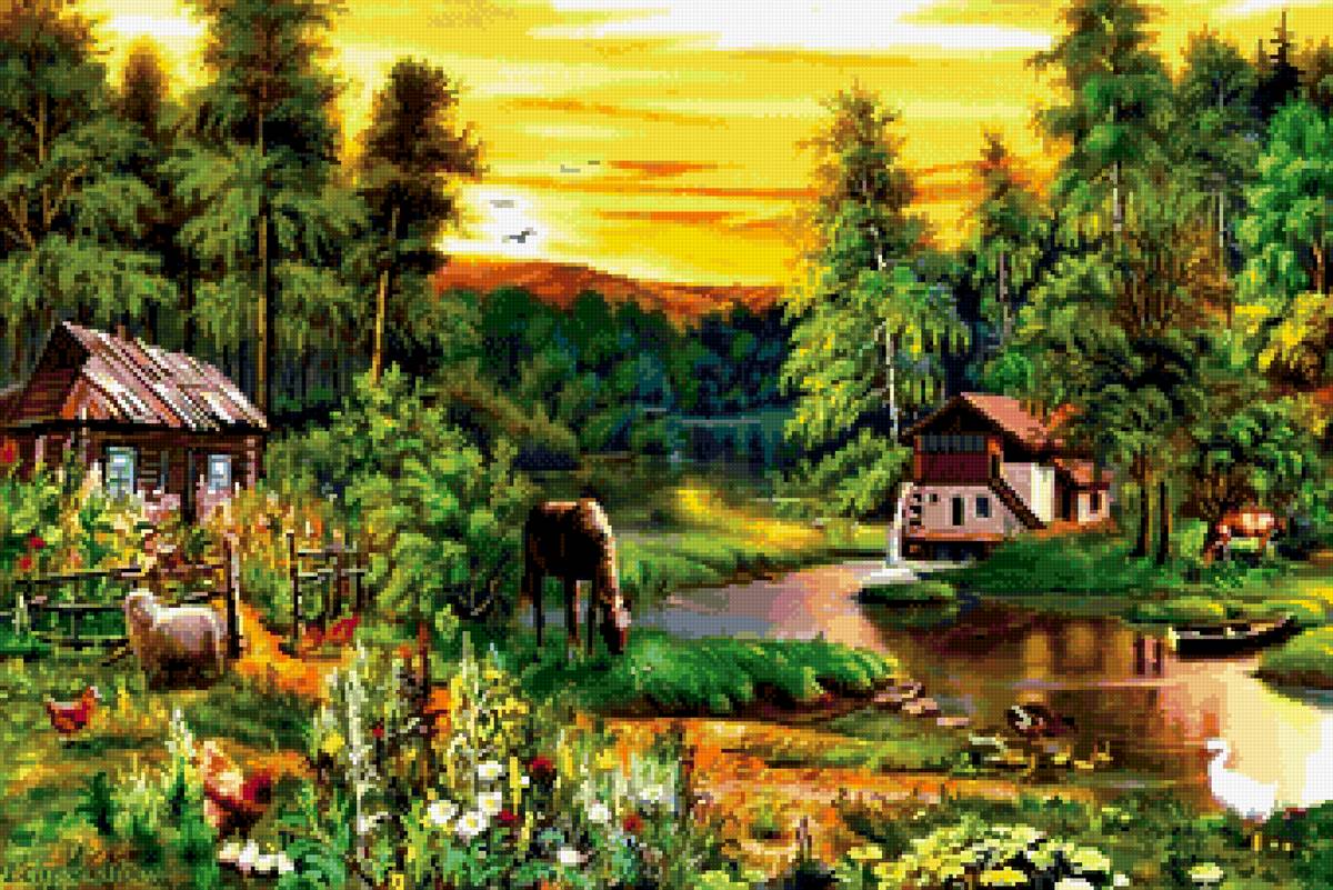 деревня - природа, домик, деревня, рассвет - предпросмотр