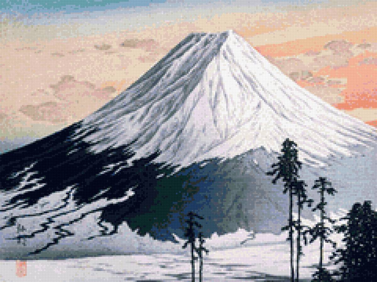 Фудзияма. Художник Сётэй Такахаси - сосны, снег на склонах, гора, япония - предпросмотр