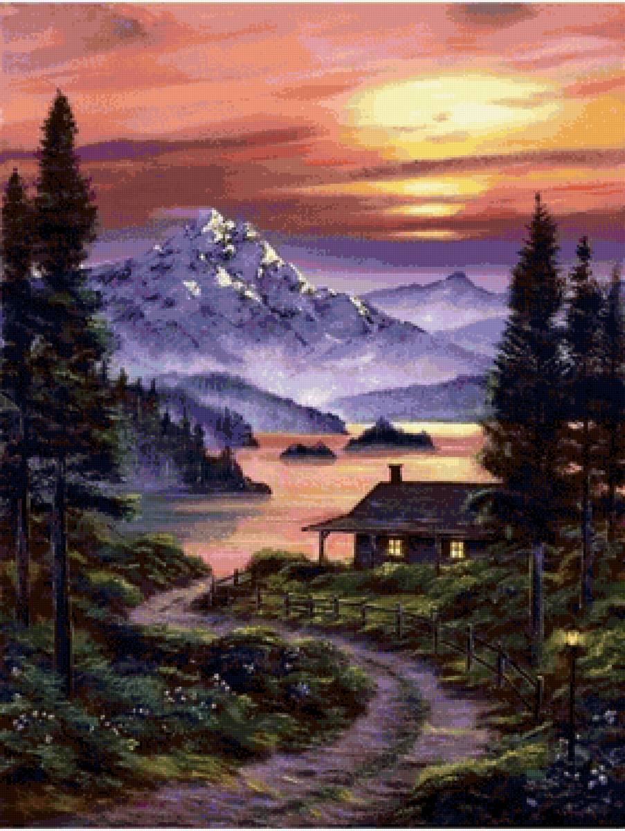 Горный пейзаж - горы, дом, лес - предпросмотр