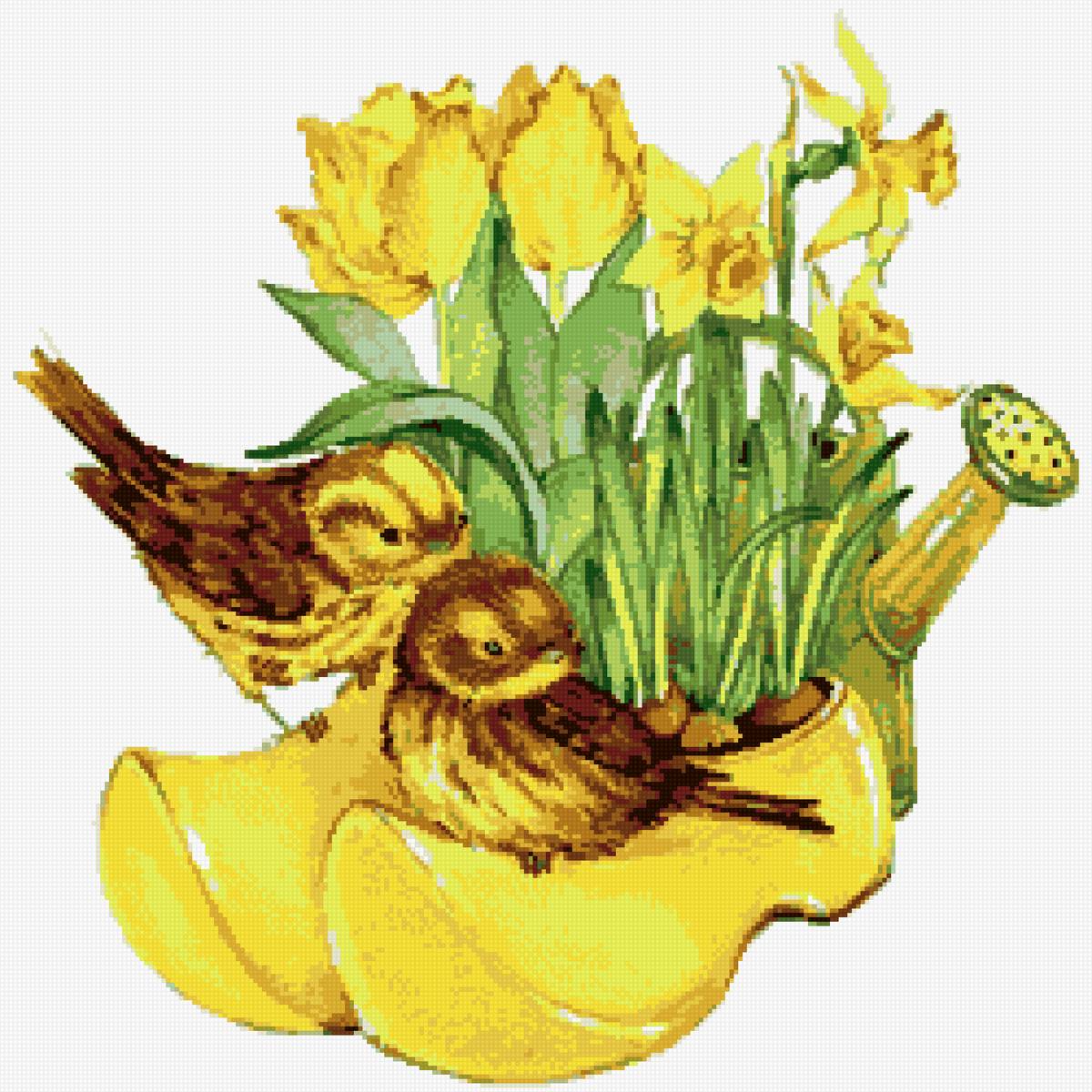 Птички и нарциссы - птички, цветы, рисунок - предпросмотр