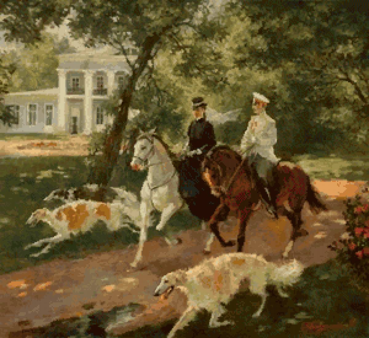 Прогулка - собаки, дама, офицер, 19 век, лошади, пара, лето - предпросмотр