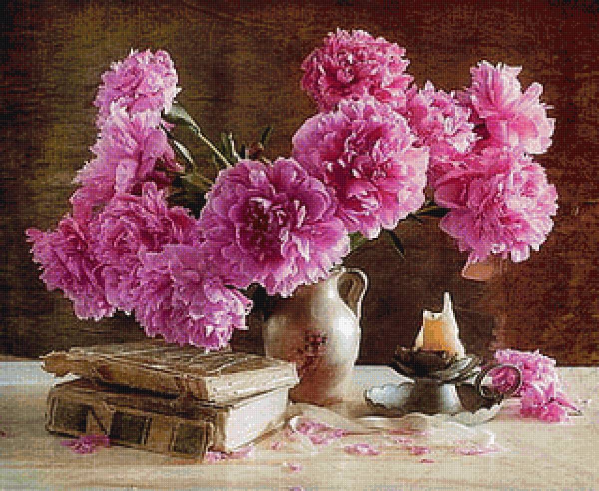Пионы - цветы, свеча, книга, ваза - предпросмотр