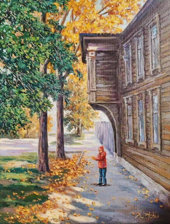 Старый дом - осень, ребенок, листья - оригинал