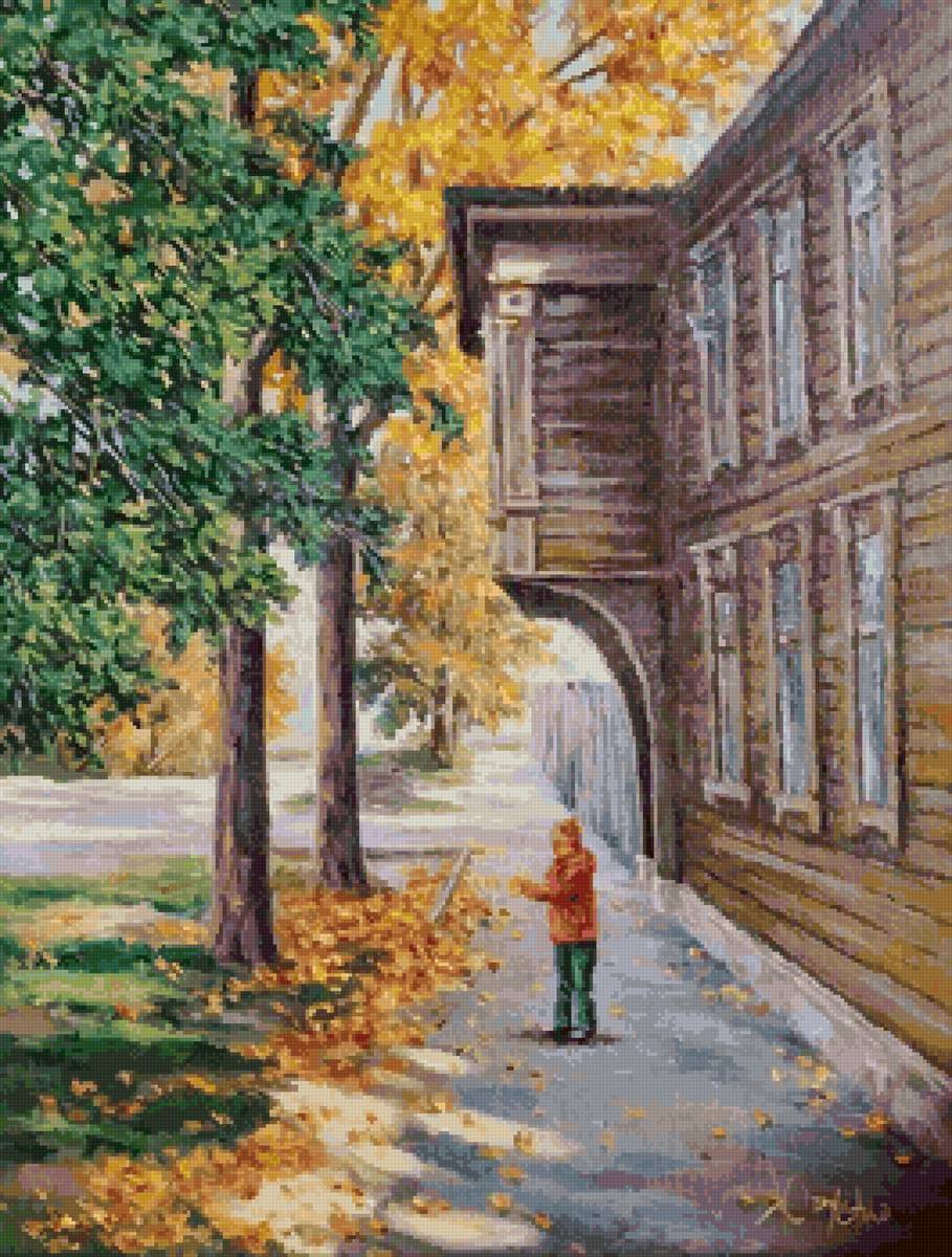 Старый дом - осень, листья, ребенок - предпросмотр