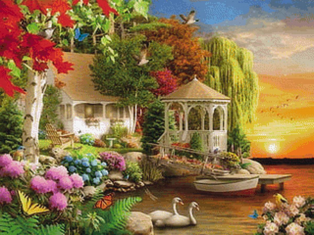 Беседка у реки - лодка, пейзаж, лебеди, река - предпросмотр