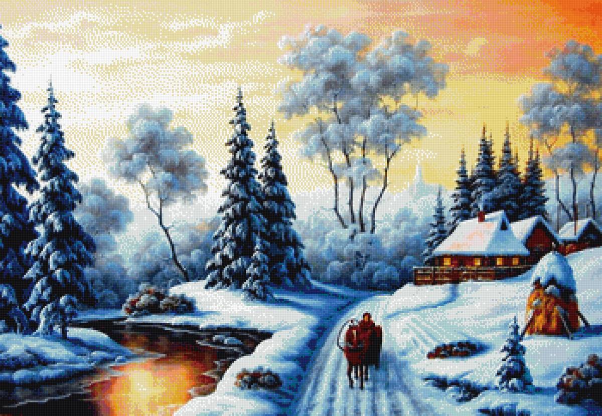 Зима в деревне - лошадь, деревья, река, снег - предпросмотр