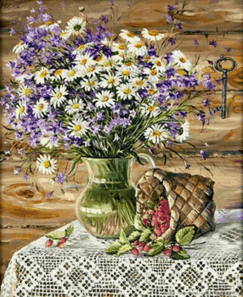 Летний натюрморт - цветы, букет, ягоды, лето, натюрморт - предпросмотр