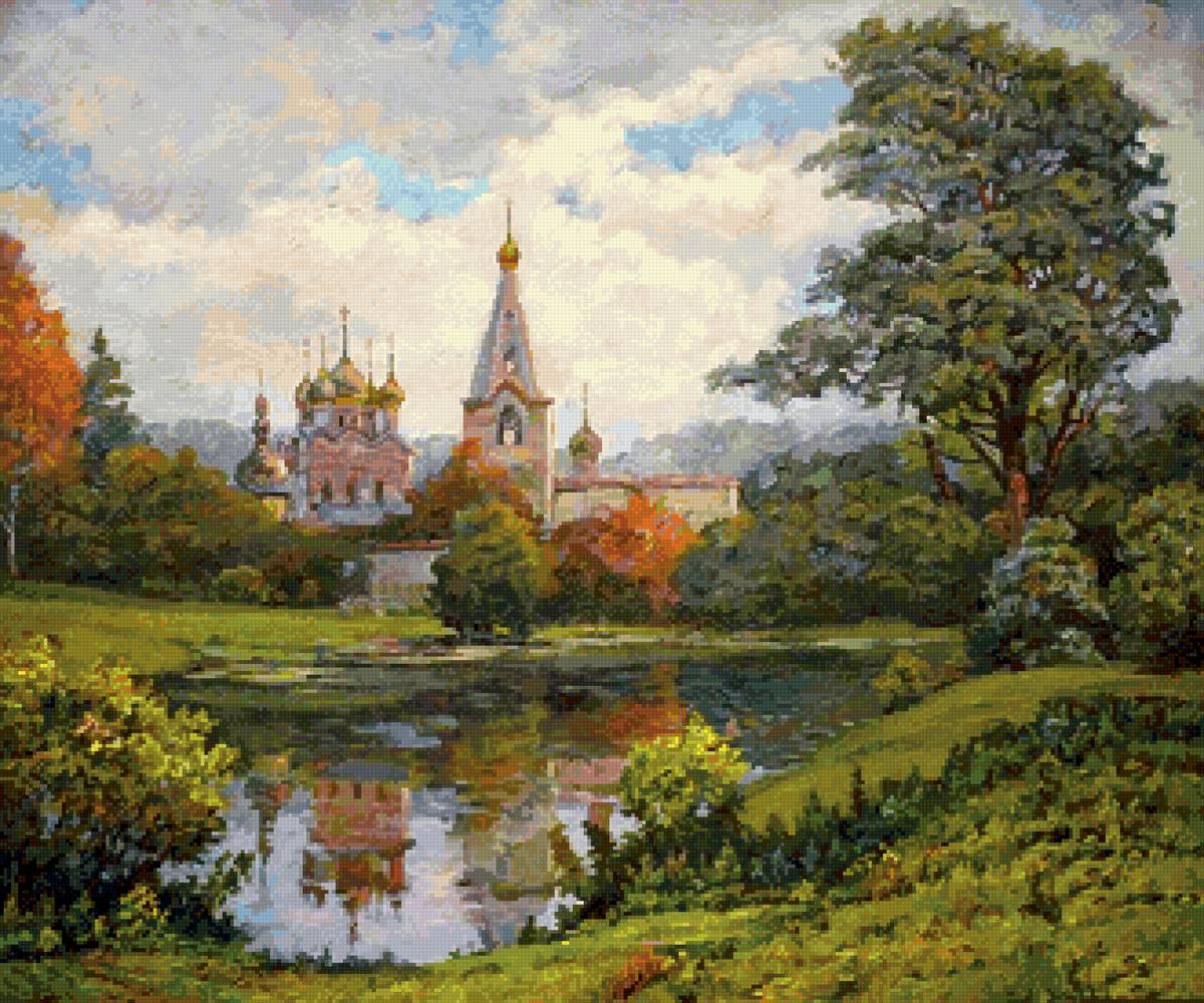 Осень - монастырь, отражение, картина, осень - предпросмотр