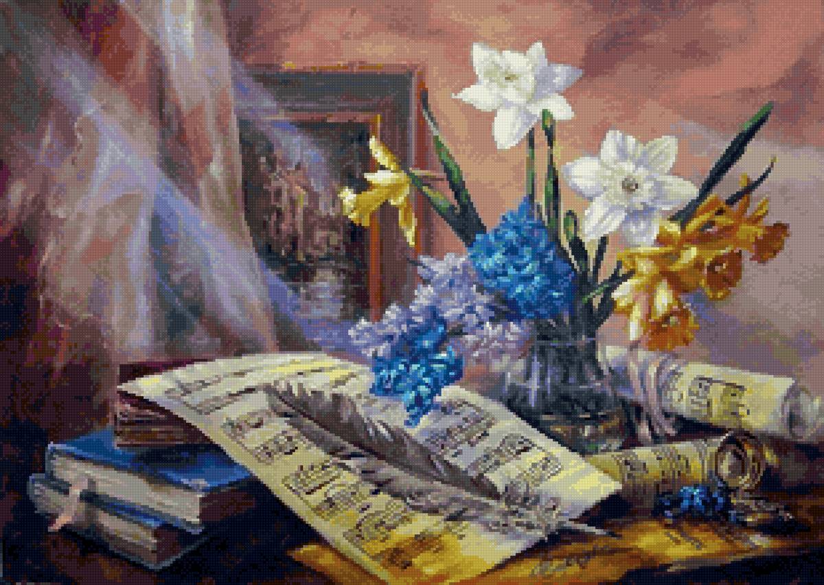 Музыка весны - ноты, цветы, перо, свет - предпросмотр