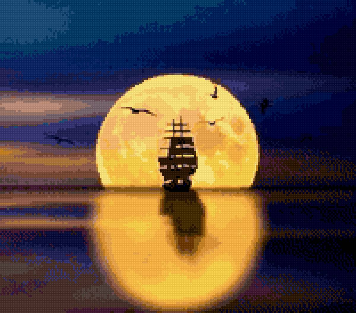 Закат - парусник, луна, море - предпросмотр