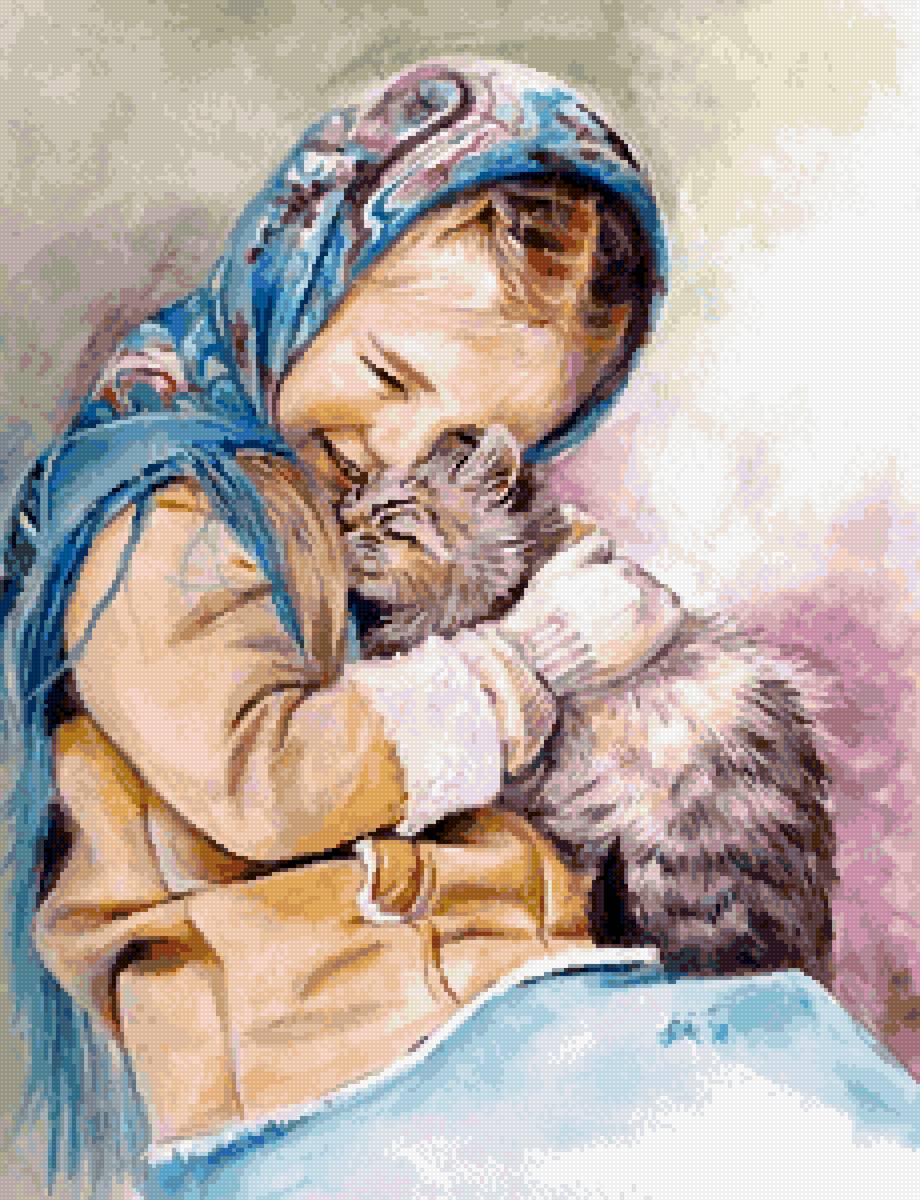 Девочка с котёнком - милота, одежда, ребенок, платок, котик - предпросмотр