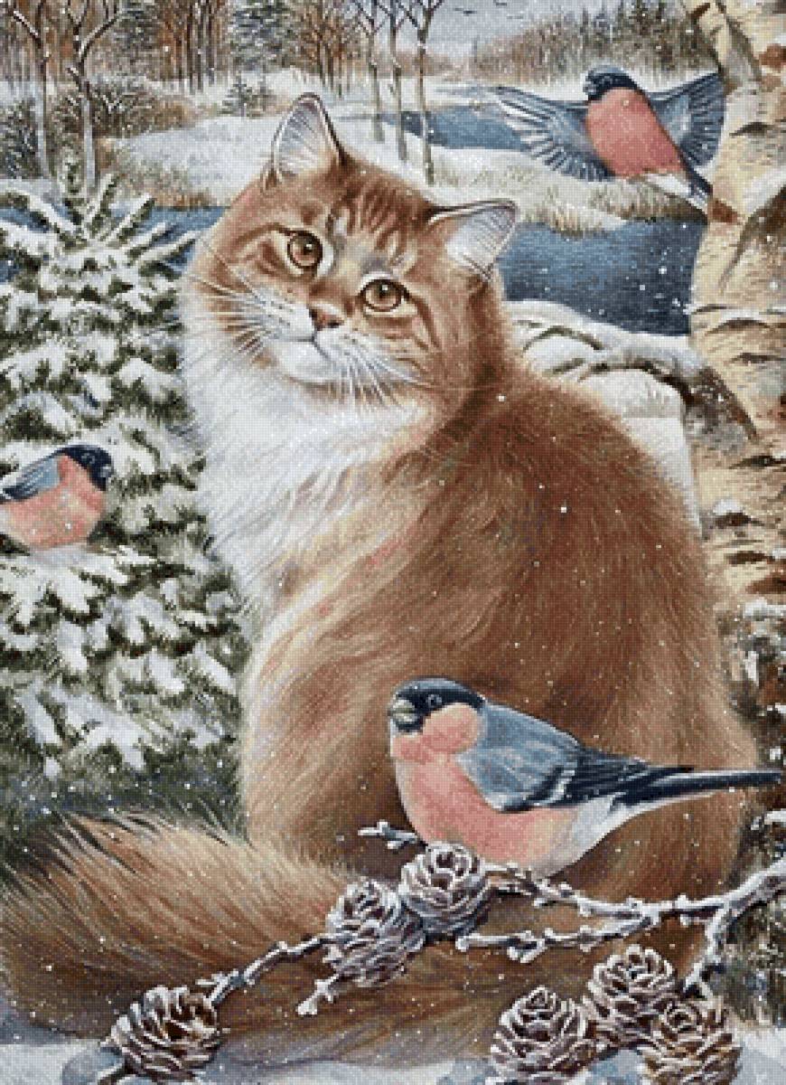 Кот и снегири - птицы, кот, зима, живопись - предпросмотр