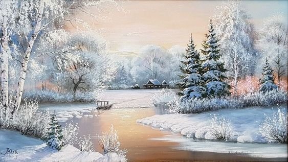 Зимний пейзаж - зима, живопись, снег, пейзаж - оригинал