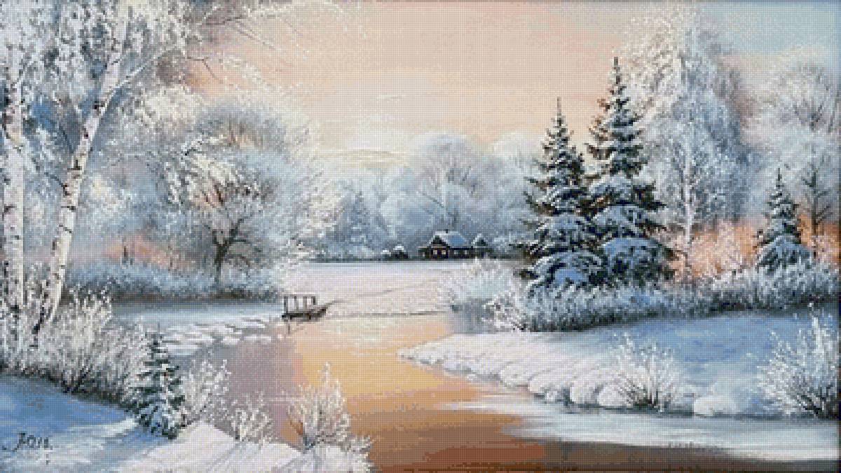 Зимний пейзаж - зима, живопись, пейзаж, снег - предпросмотр