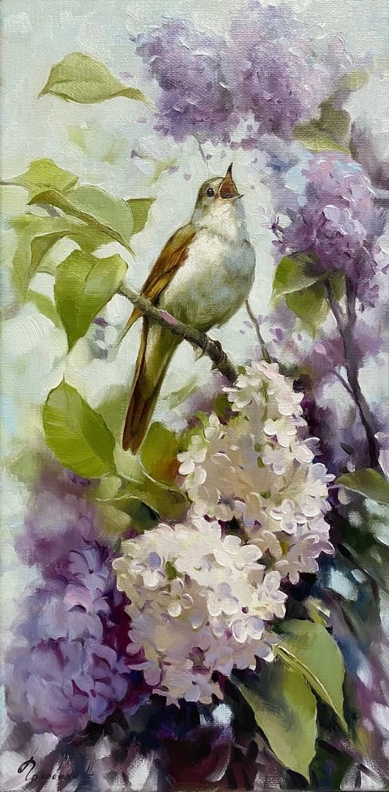 Сольный концерт - живопись, сирень, цветы, весна, птица - оригинал
