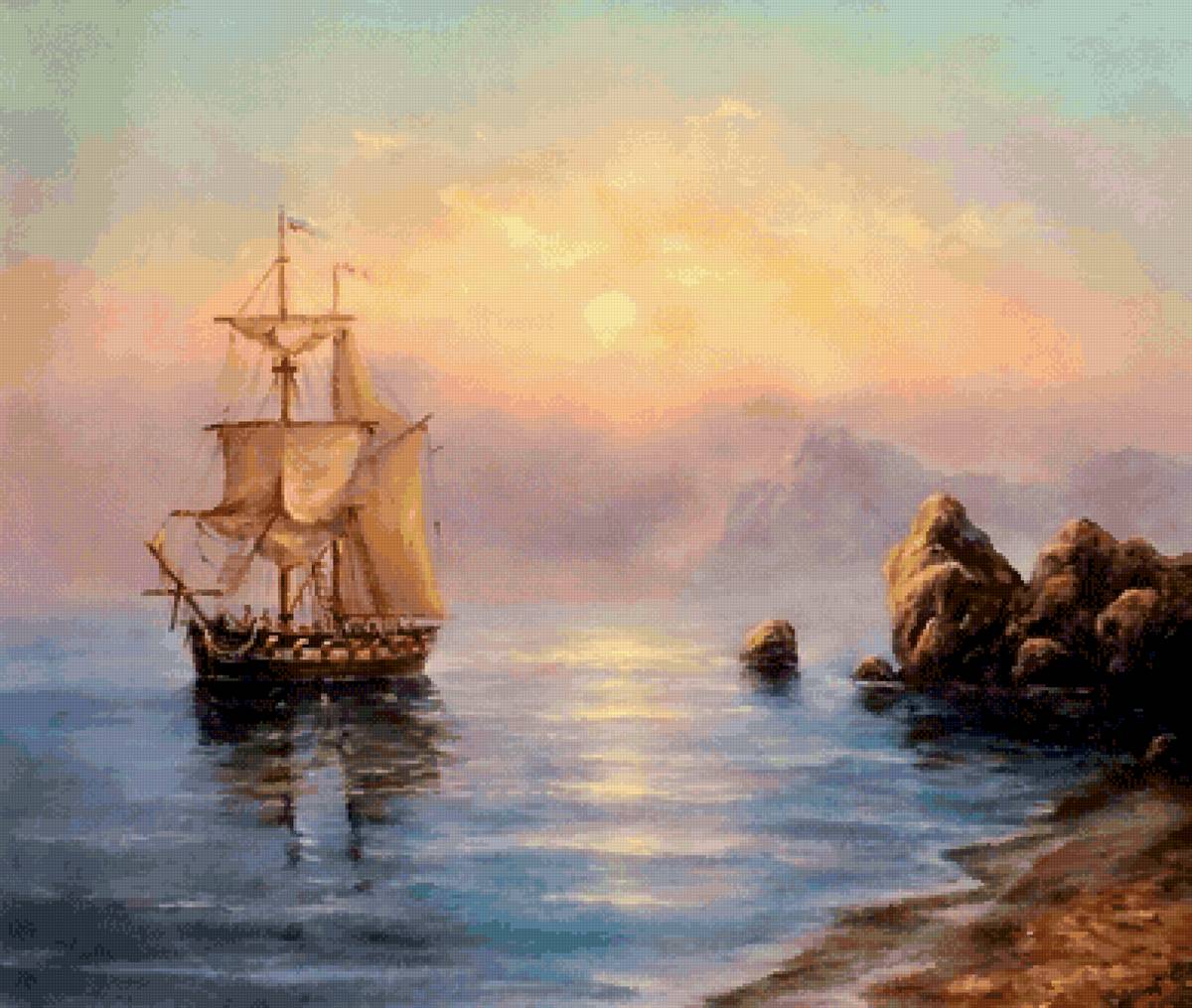 Тихий рассвет - парусник, море, утро, штиль - предпросмотр