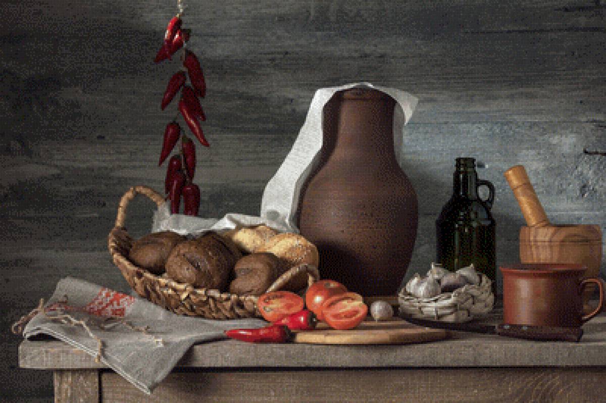 Кухонный натюрморт - хлеб, кувшин, чеснок, натюрморт, кухня, перец, помидоры - предпросмотр