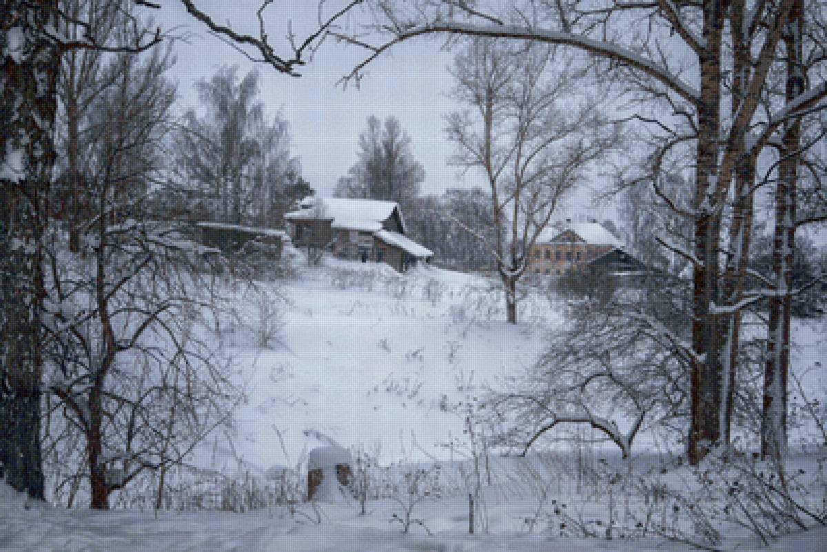 Деревня зимой - зима, деревня, вечер, домики, деревья, снег - предпросмотр