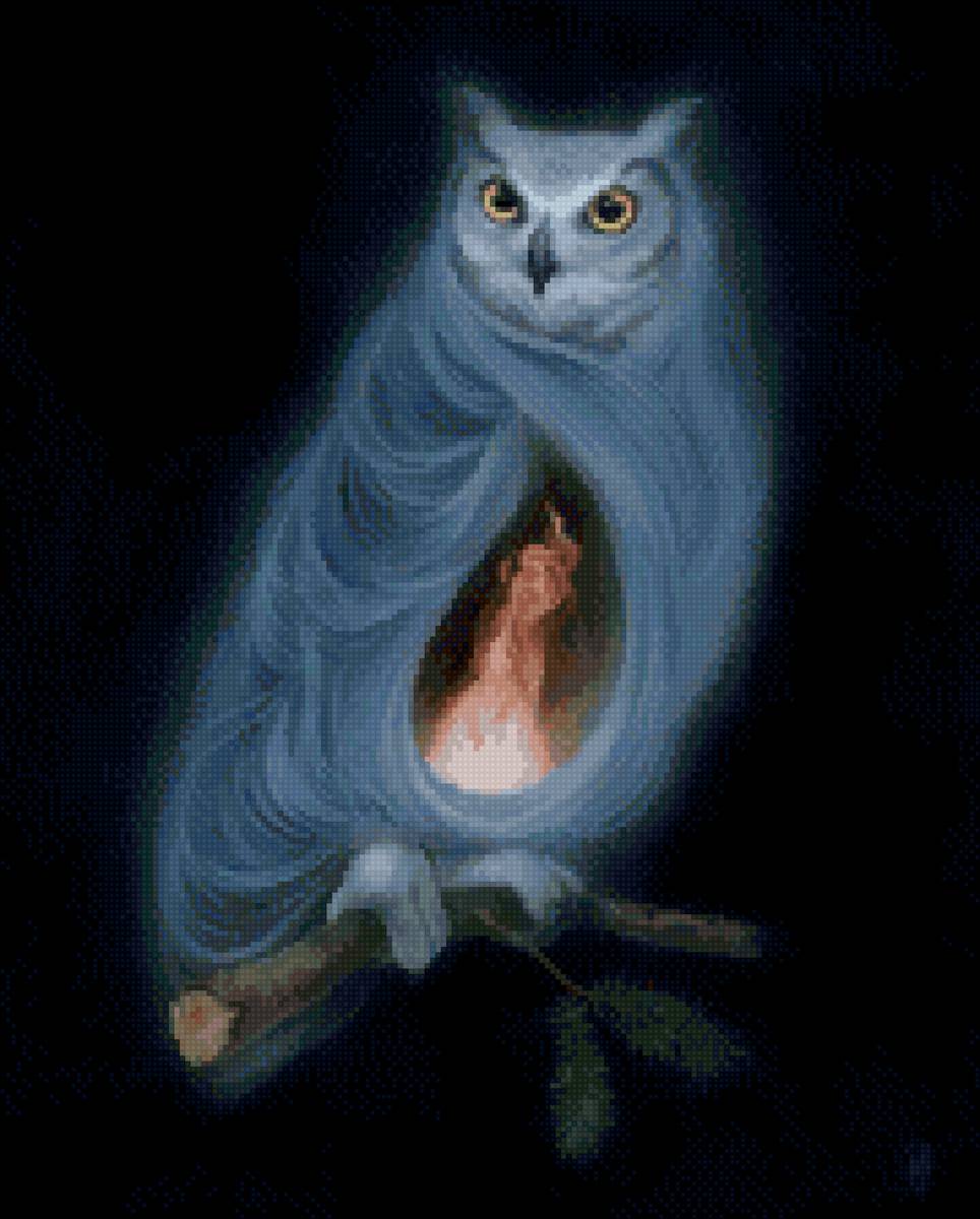 Сова и огонь - птицы, совы, твин пикс, черный фон, огонь - предпросмотр