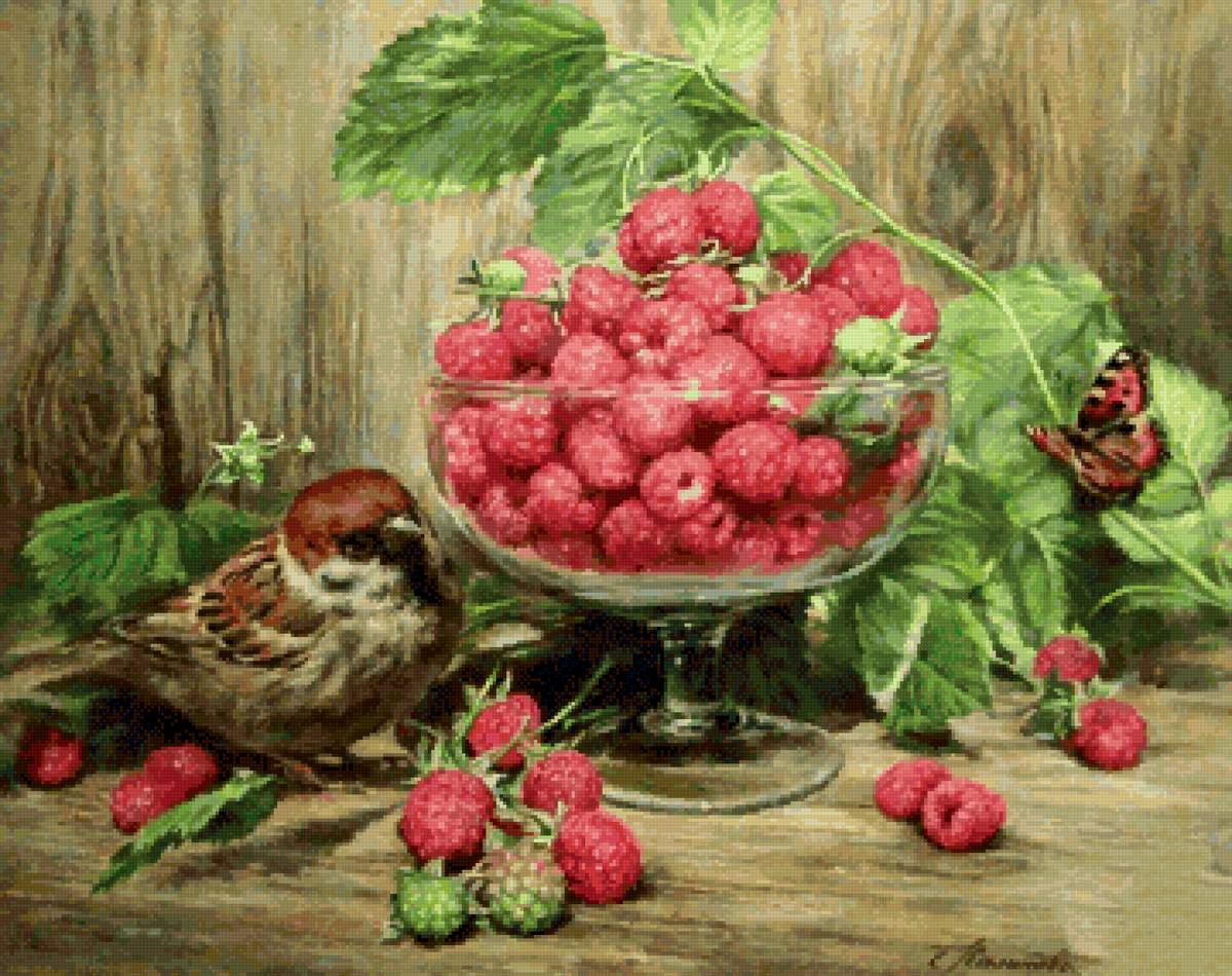 Малина и воробей - птица, натюрморт, ягоды - предпросмотр