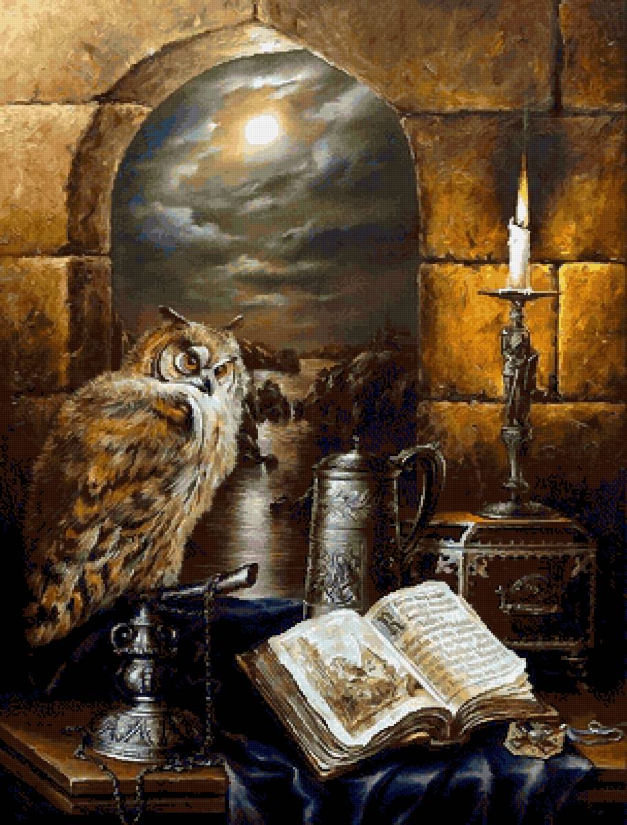 Мудрый филин 2 - натюрморт, сова, филин - предпросмотр