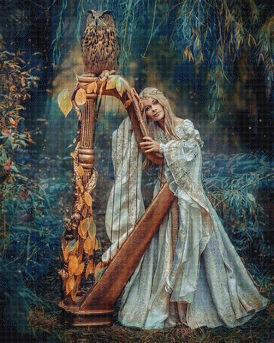 Музыка леса - лес, сова, девушка, арфа, филин - предпросмотр